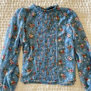 Spring Breeze: Blue Floral Tie-Back Shirt (Size XS)